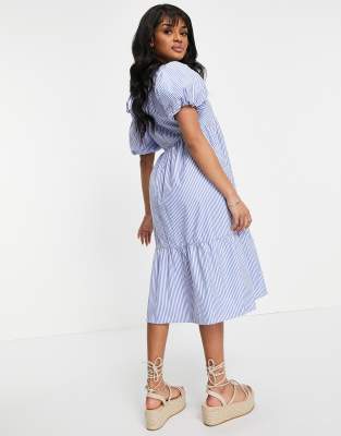 Influence Petite - Robe mi-longue rayée à col noué et manches bouffantes |  ASOS