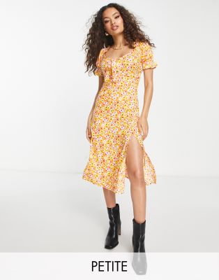Influence Petite - Robe rétro mi-longue à manches bouffantes - Orange imprimé fleuri | ASOS