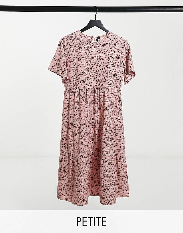 Influence Petite - shirred tiered midi dress in dusky pink polka dot