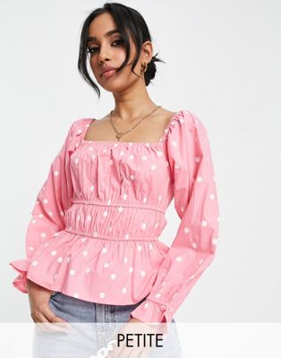 Influence Petite square neck cotton blouse in pink polka dot