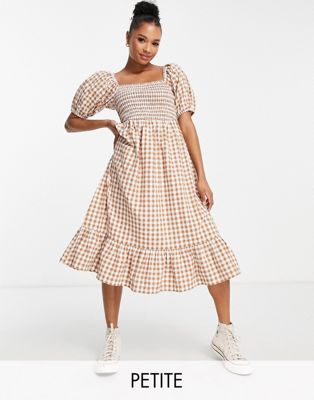 Influence Petite square neck puff sleeve beach dress in brown check