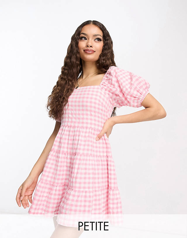 Influence - petite square neck puff sleeve beach dress in pink gingham
