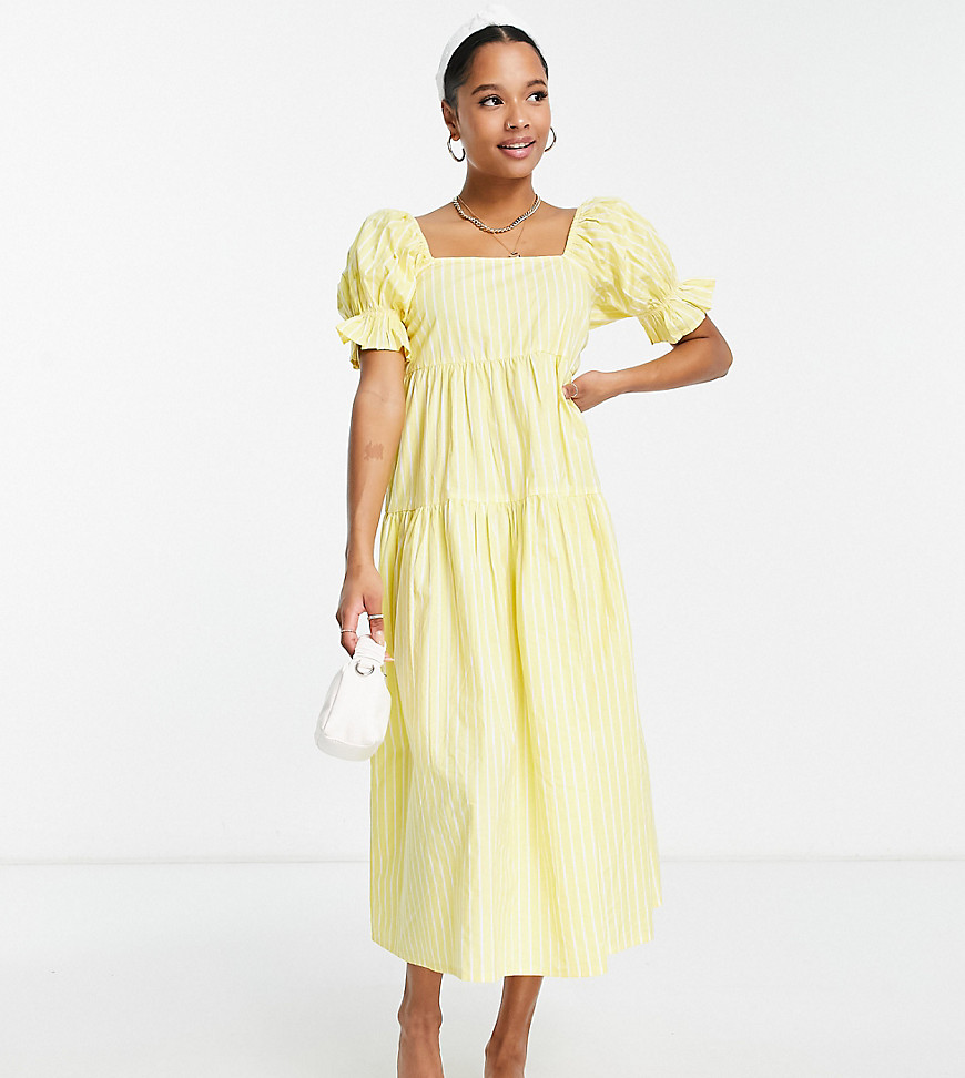 Influence Petite square neck puff sleeve tiered midi dress in yellow