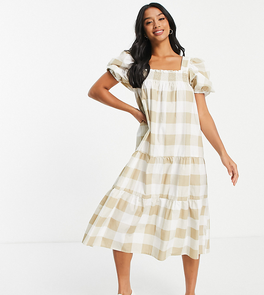 Influence Petite square neck tiered midi dress in beige oversized gingham-Neutral