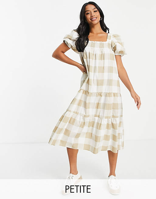 Influence Petite square neck tiered midi dress in beige oversized gingham