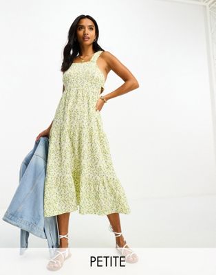 Influence Petite textured frill strap midi dress in lemon print