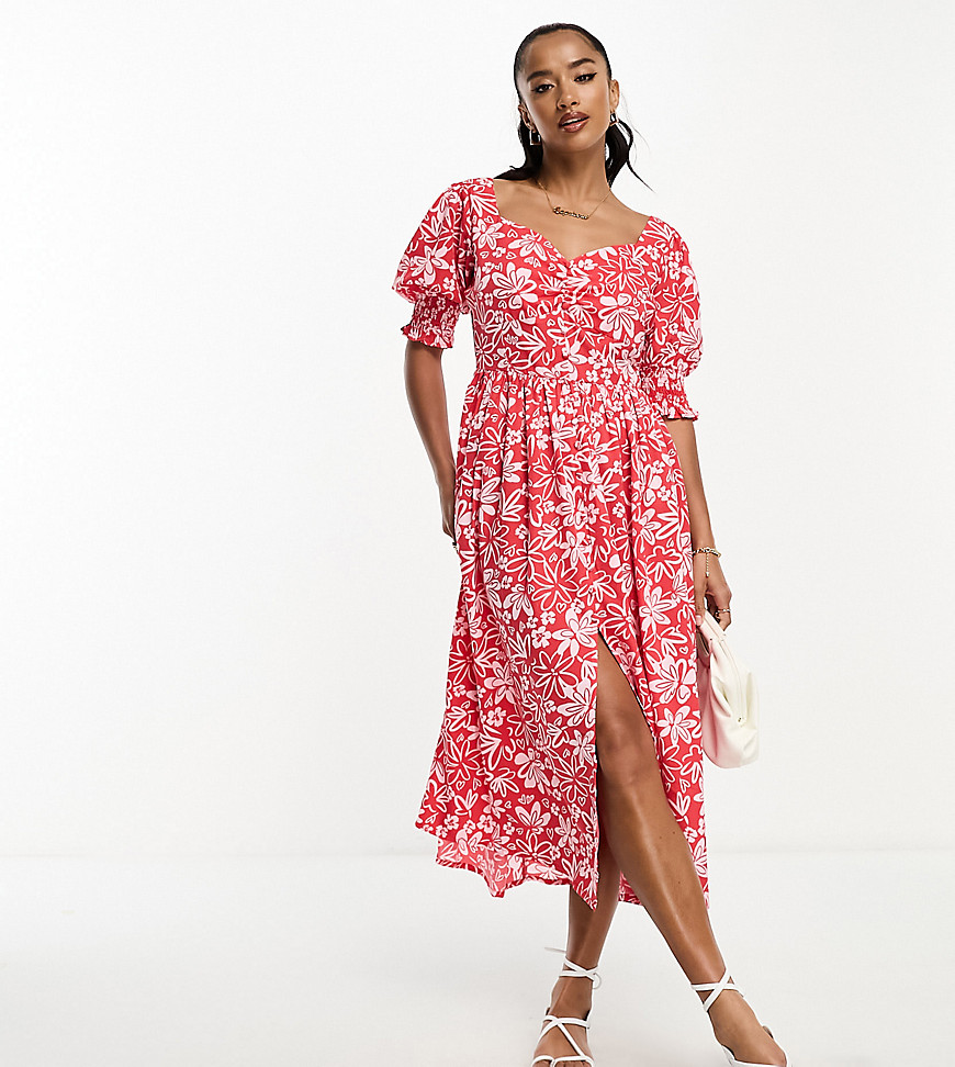Influence Petite tie front midi dress in pink floral print-Red