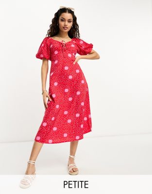 Influence Petite tie front midi dress in red polka dot print