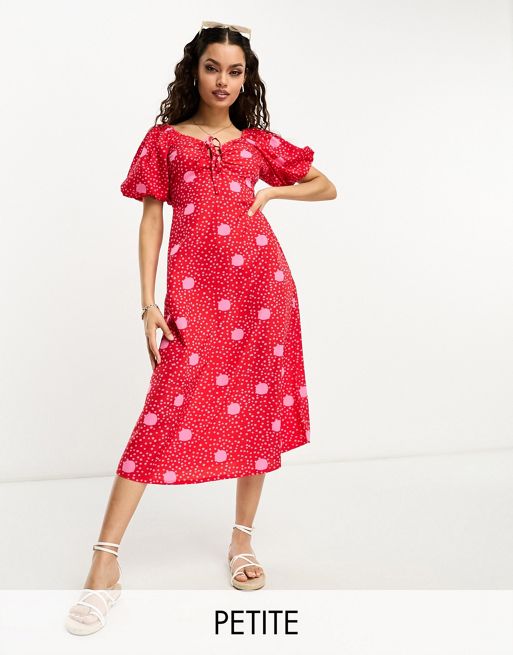 Influence Petite tie front midi dress in red polka dot print | ASOS