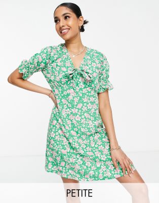 Influence Petite Tie Front Mini Dress In Green Floral Print | ModeSens