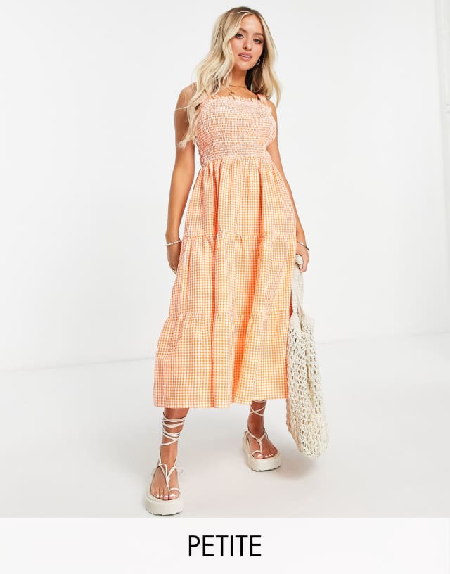 Influence Petite tie strap midi dress in orange gingham