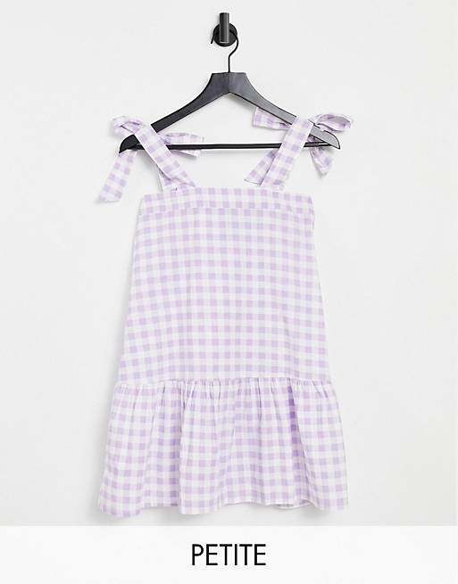 Influence Petite tie strap mini dress in lilac gingham