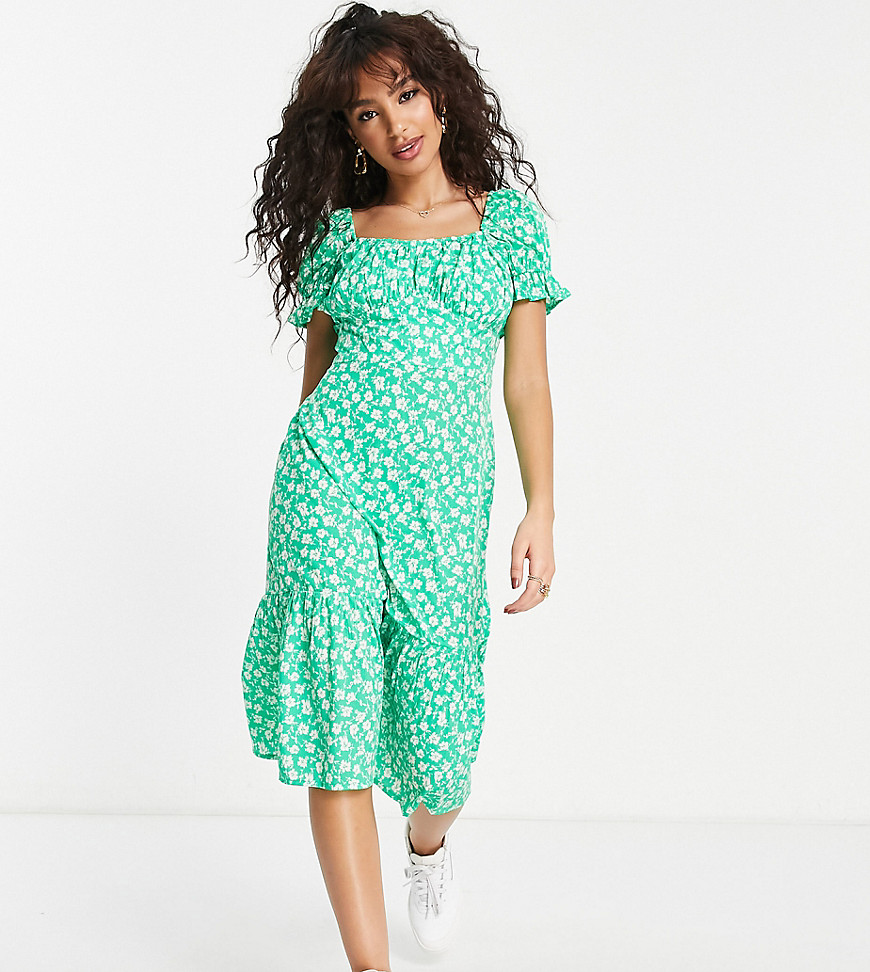 Influence Petite tiered midi smock dress in green floral
