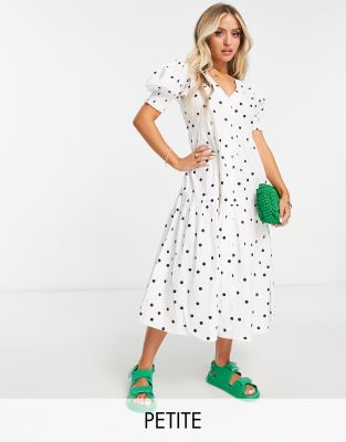 Influence Petite tiered poplin midi dress in white polka dot