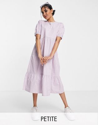 Influence Petite tiered smock midi dress in lilac stripe