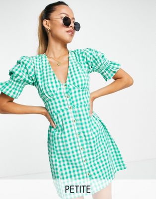 Influence Petite v neck  button down mini dress in gingham green