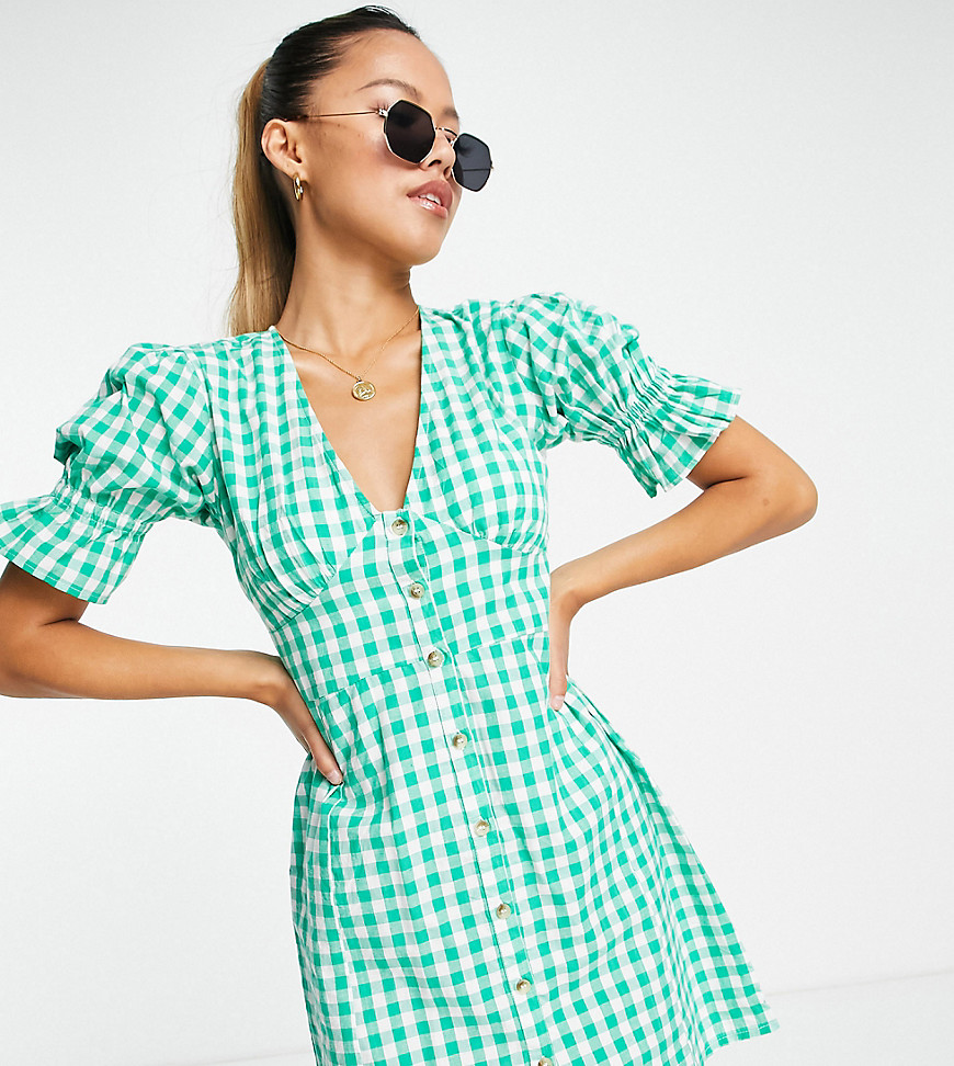 Influence Petite v neck button down mini dress in gingham green