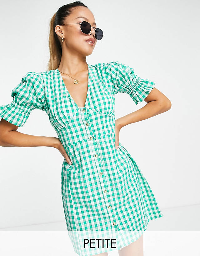 Influence Petite - v neck  button down mini dress in gingham green