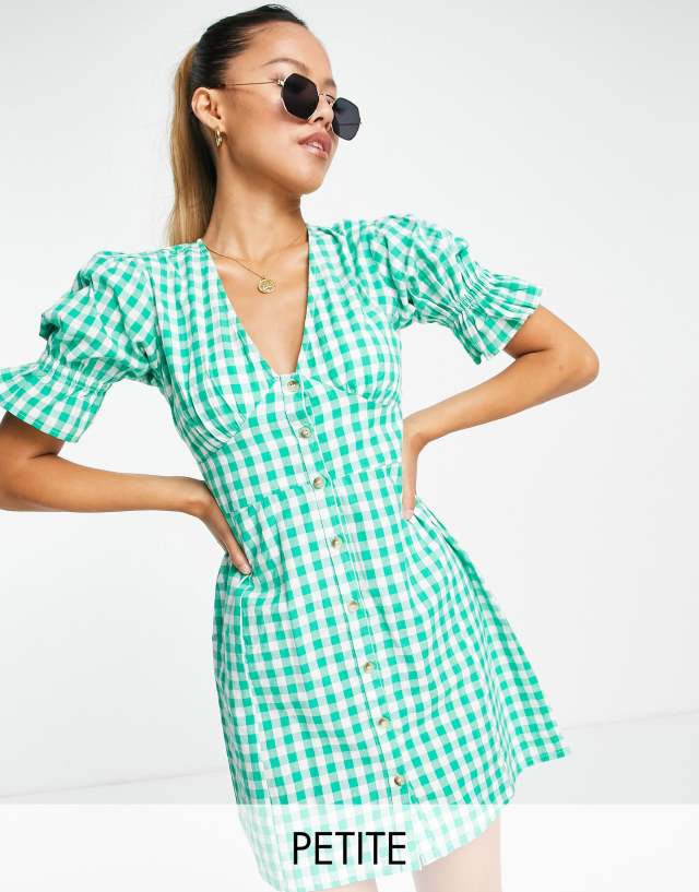 Influence Petite v neck button down mini dress in gingham green