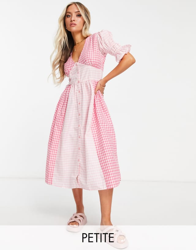 Influence Petite v neck midi dress in mixed gingham