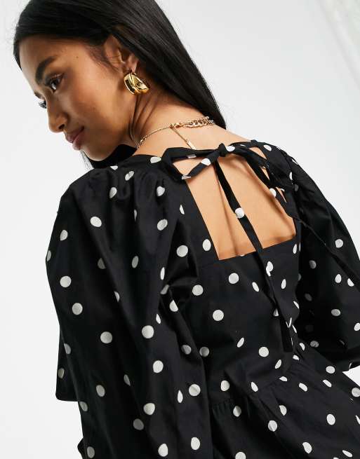 Influence Petite - Vestito midi a balze in popeline di cotone con scollo squadrato a pois, 3 di 4