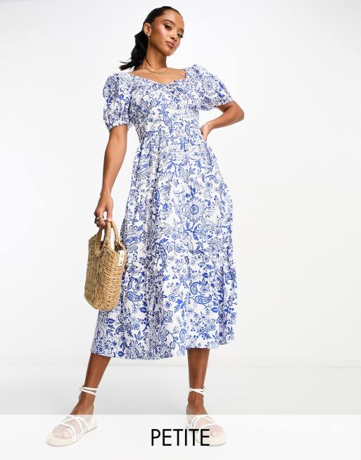 Influence Petite - Vestito midi blu in popeline di cotone con stampa