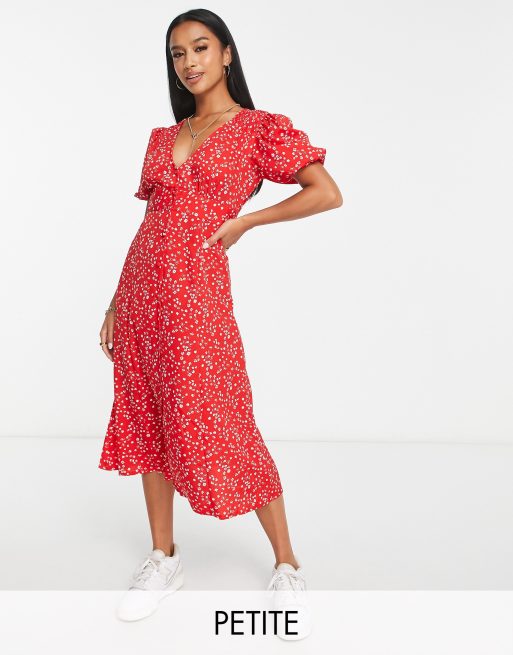 Influence Petite - Vestito midi rosso a fiori con maniche a sbuffo