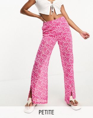 Influence Petite wide leg trousers in pink floral print