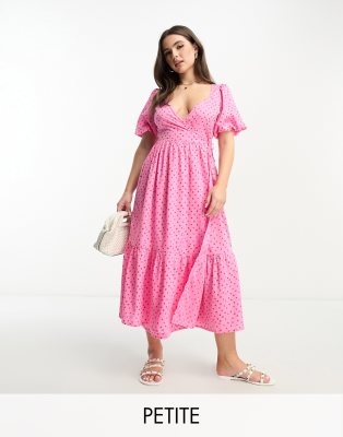 Influence Petite wrap front midi dress in pink polka dot