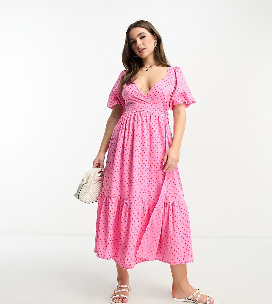Influence Petite wrap front midi dress in pink polka dot