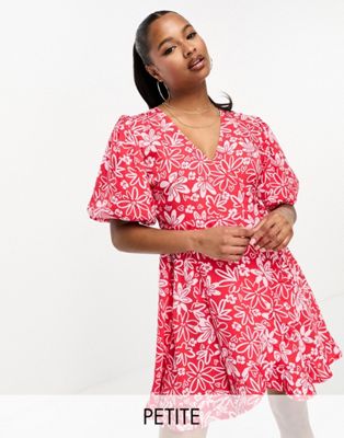 Influence Petite wrap front mini dress in red and pink floral print