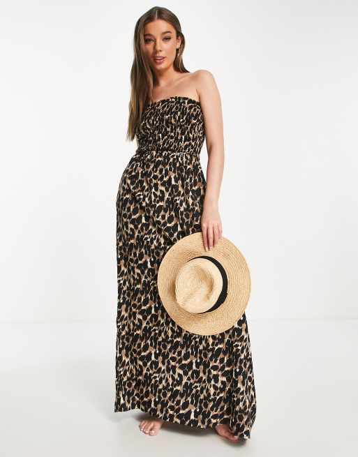 Influence – Plażowa sukienka maxi z dekoltem bandeau i wzorem w lamparcie cętki, 4 z 4