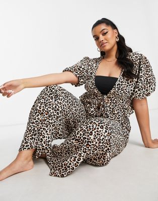Influence Plus beach crop top and trousers in leopard print