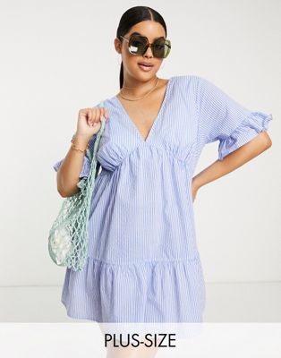 Influence Plus Beach Dress In Blue And White Stripe Print