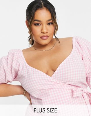 Influence Plus wrap blouse in pink gingham - ASOS Price Checker