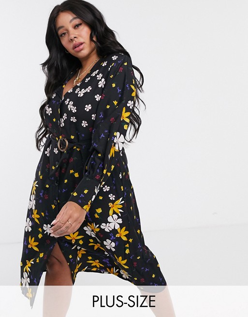 Influence Plus button down belted midi dress in mixed floral print