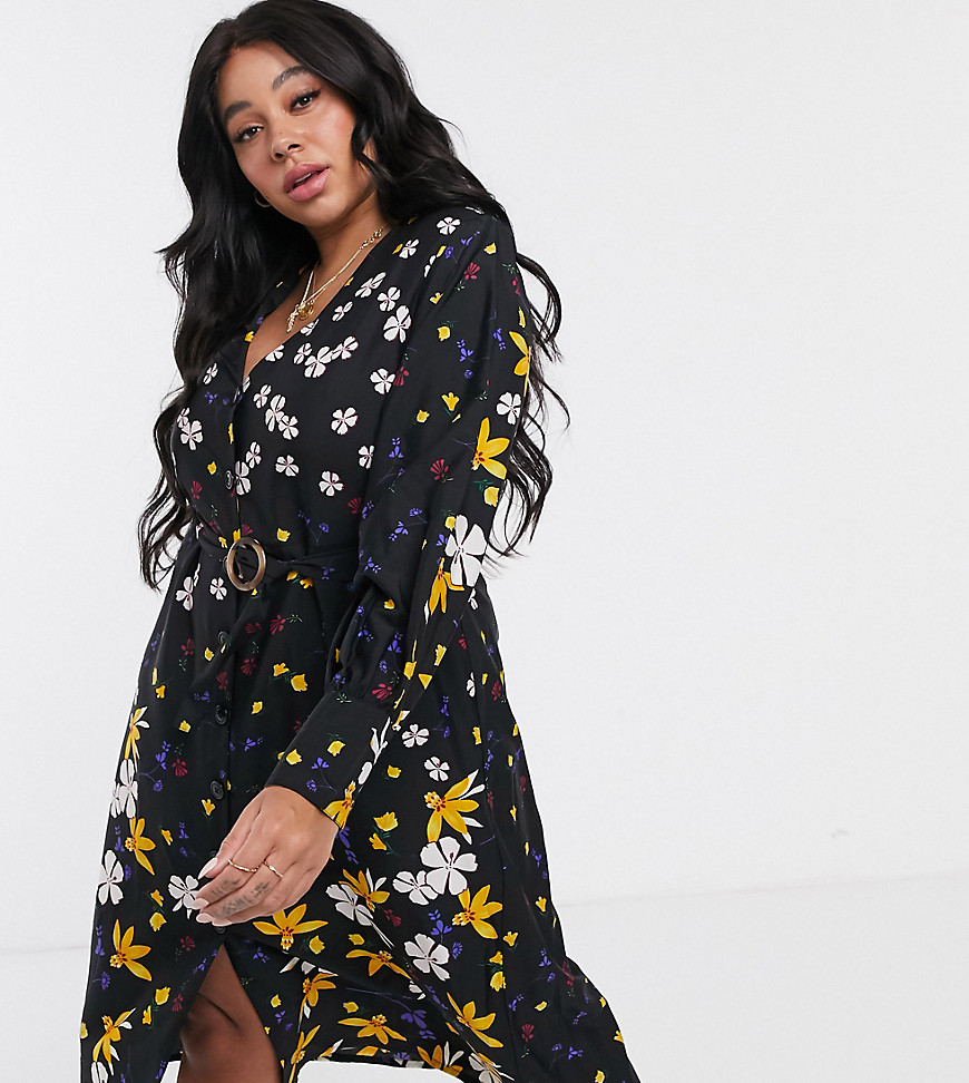 Influence Plus button down belted midi dress in mixed floral print-Multi