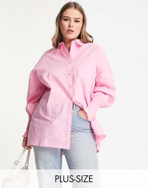 Influence Plus - Camicia in popeline con maniche arricciate rosa