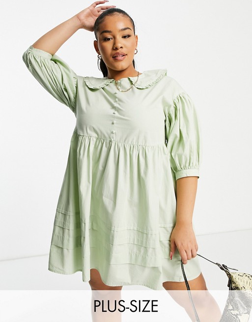 Influence Plus collared mini dress with button down front in sage green