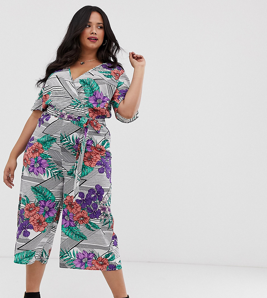 Influence Plus - Culottes jumpsuit met gemende print met strepen en bloemen-Multi