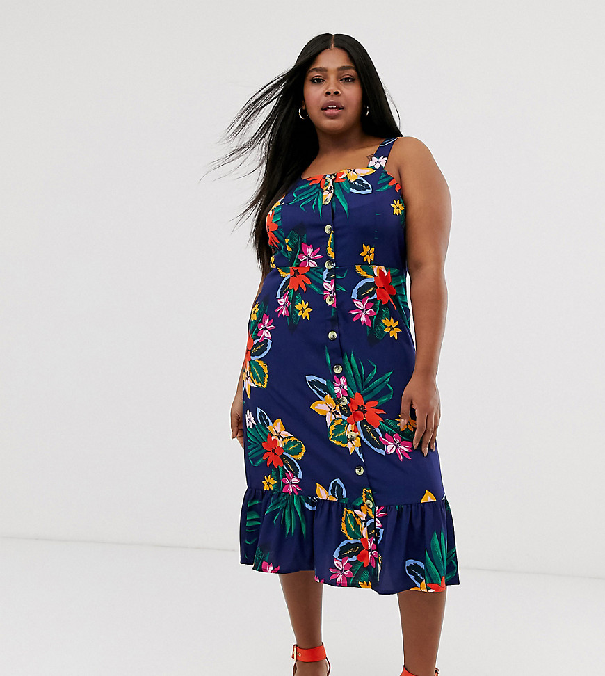 Influence Plus - Doorgeknoopte midi-jurk met tropische bloemenprint-Blauw