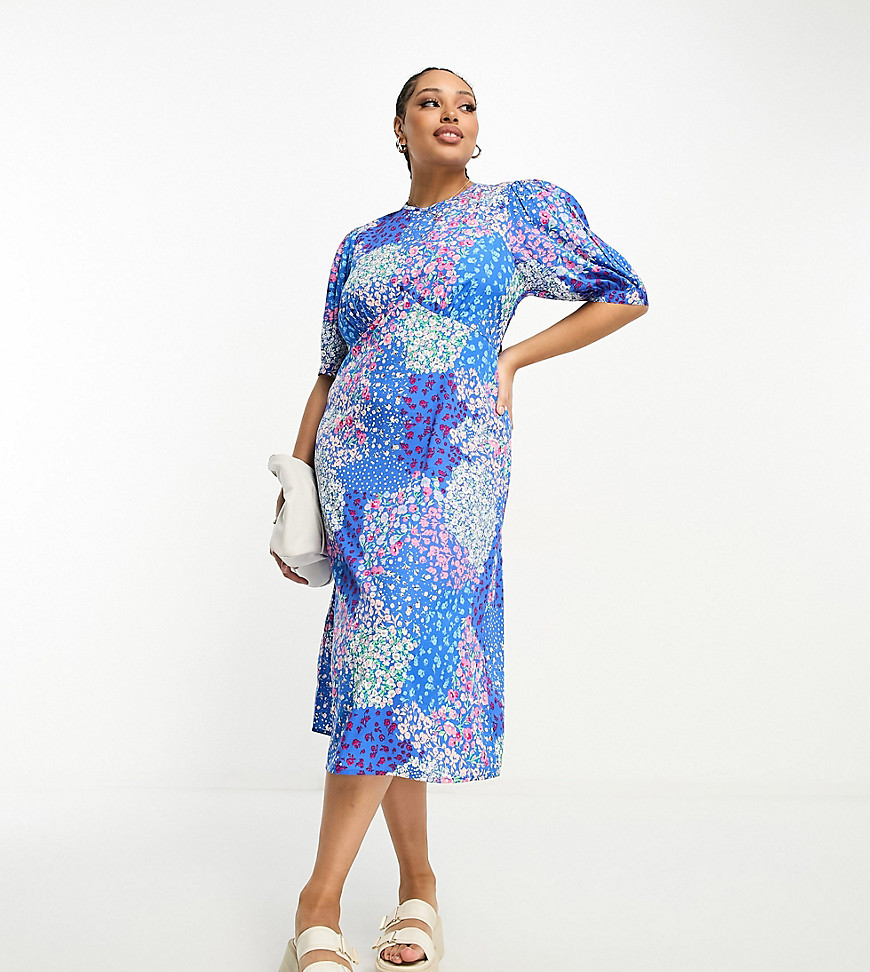 Influence Plus flutter sleeve midi tea dress in blue floral print
