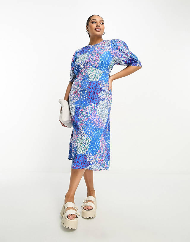 Influence Plus - flutter sleeve midi tea dress in blue floral print