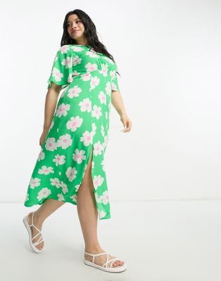 Influence Plus flutter sleeve midi tea dress in green floral print