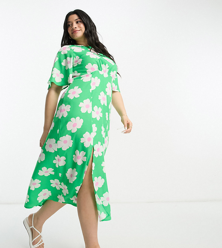 Influence Plus flutter sleeve midi tea dress in green floral print