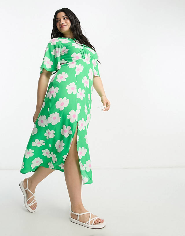 Influence Plus - flutter sleeve midi tea dress in green floral print