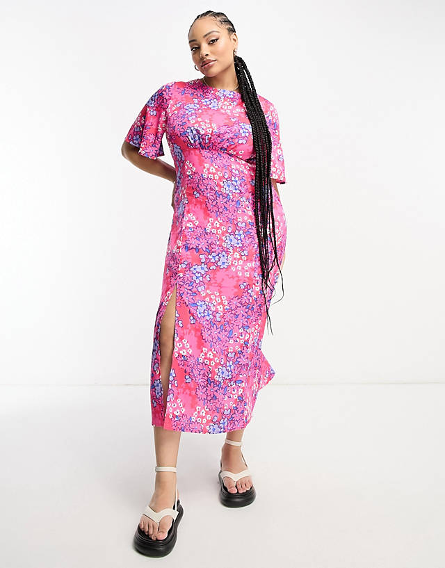 Influence Plus - flutter sleeve midi tea dress in red and blue floral print