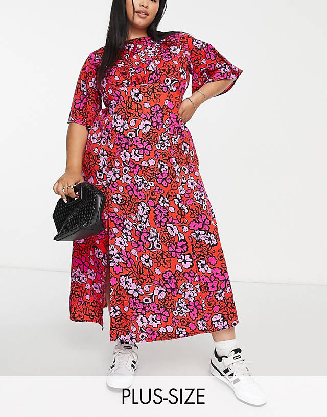Influence Plus - flutter sleeve midi tea dress in red and pink floral