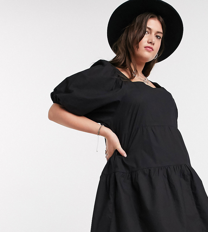 Influence - Plus - Gelaagde mini-jurk met vierkante hals en pofmouwen in zwart