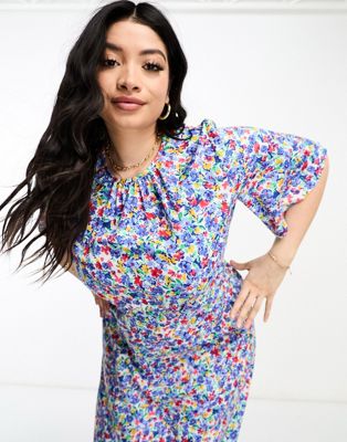 Influence Plus midi dress in blue ditsy floral print